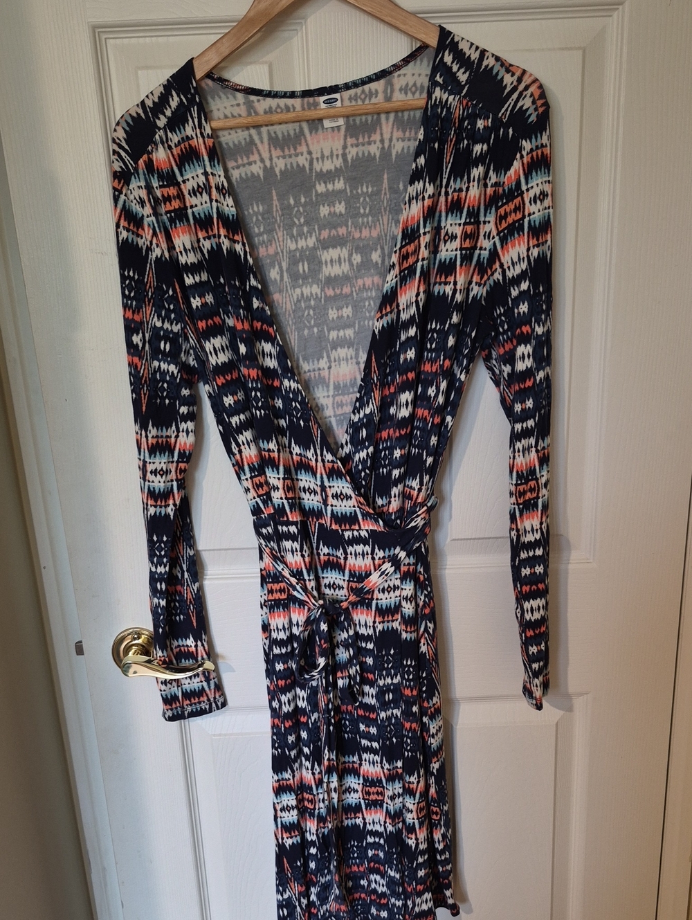 Navy, Coral & Light Blue Printed Wrap Dress-M